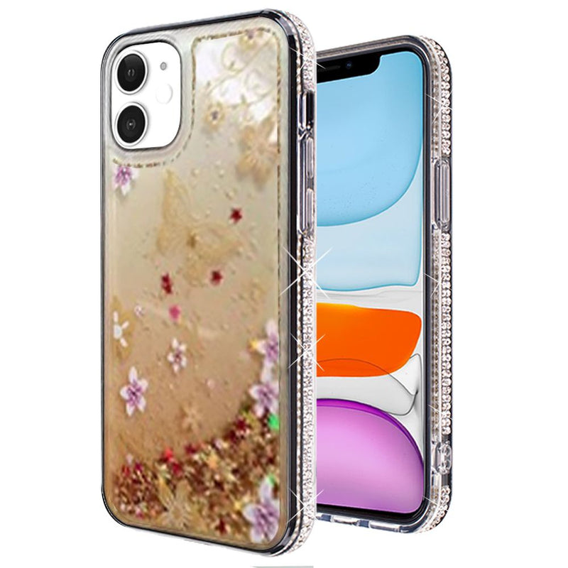 For iPhone 13 Pro Quicksand Diamond Bumper Hybrid Case Cover - Gold Butterfly Floral