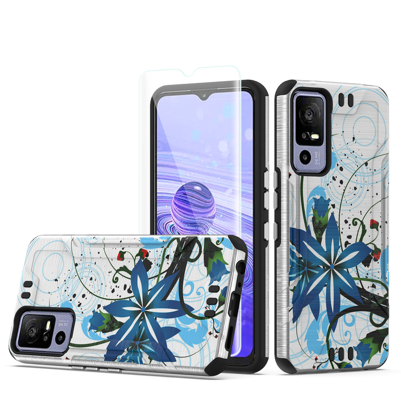 For TCL 40 XE 5G Strong Tough Metallic Design Hybrid + Tempered Glass - Blue Floral