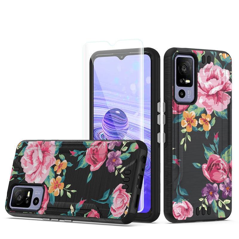 For TCL 40 XE 5G Strong Tough Metallic Design Hybrid + Tempered Glass - Tropical Romantic Colorful Roses Floral