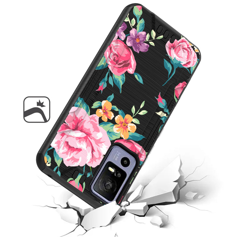 For TCL 40 XE 5G Strong Tough Metallic Design Hybrid + Tempered Glass - Tropical Romantic Colorful Roses Floral