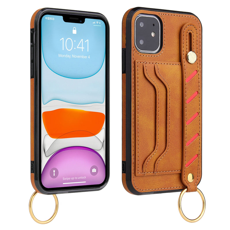 For Apple iPhone 14 PRO MAX 6.7" Multi-Functional Cards Slot Wrist Strap Vegan Leather Case Cover - Tan