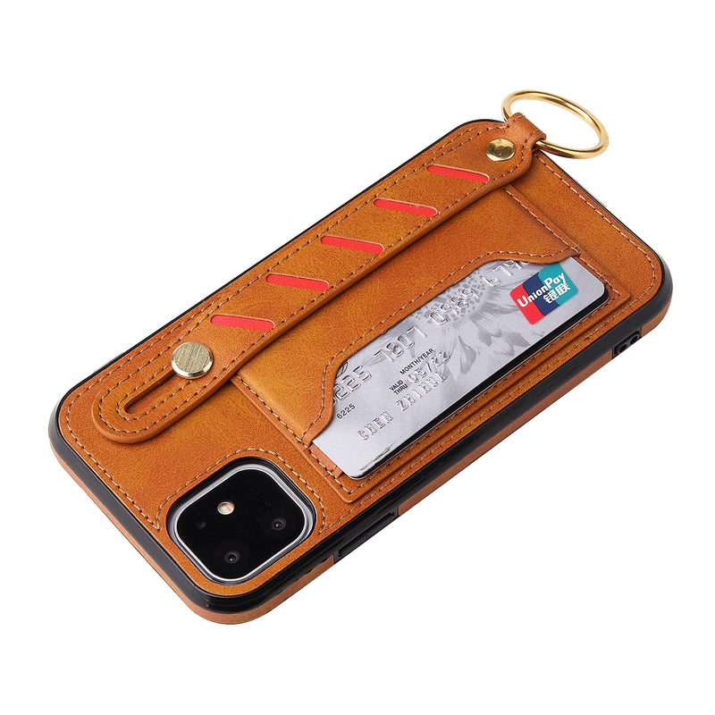 For Apple iPhone 14 PRO MAX 6.7" Multi-Functional Cards Slot Wrist Strap Vegan Leather Case Cover - Tan