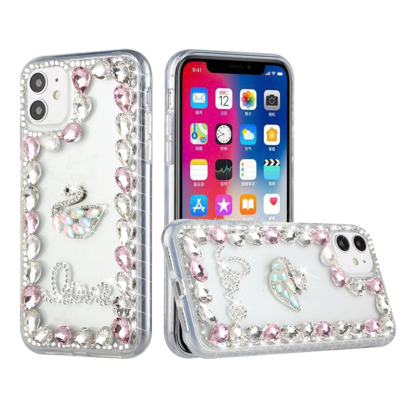 For iPhone 13 6.1 Full Diamond with Ornaments Hard TPU Case Cover - Pink Love Bird