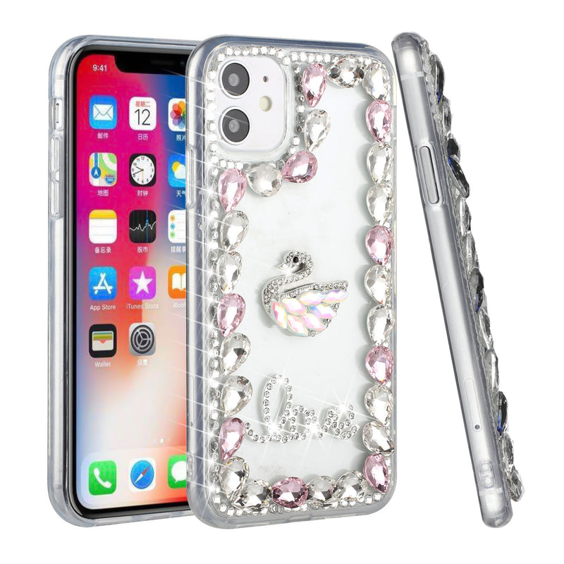 For iPhone 13 6.1 Full Diamond with Ornaments Hard TPU Case Cover - Pink Love Bird