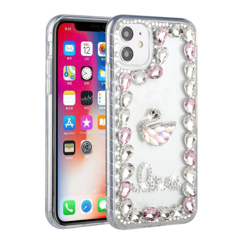 For iPhone 13 6.1 Full Diamond with Ornaments Hard TPU Case Cover - Pink Love Bird