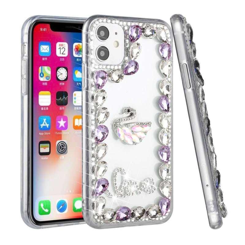 For iPhone 13 6.1 Full Diamond with Ornaments Hard TPU Case Cover - Purple Love Bird