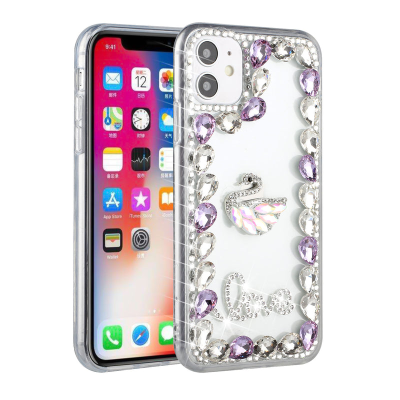 For iPhone 13 6.1 Full Diamond with Ornaments Hard TPU Case Cover - Purple Love Bird