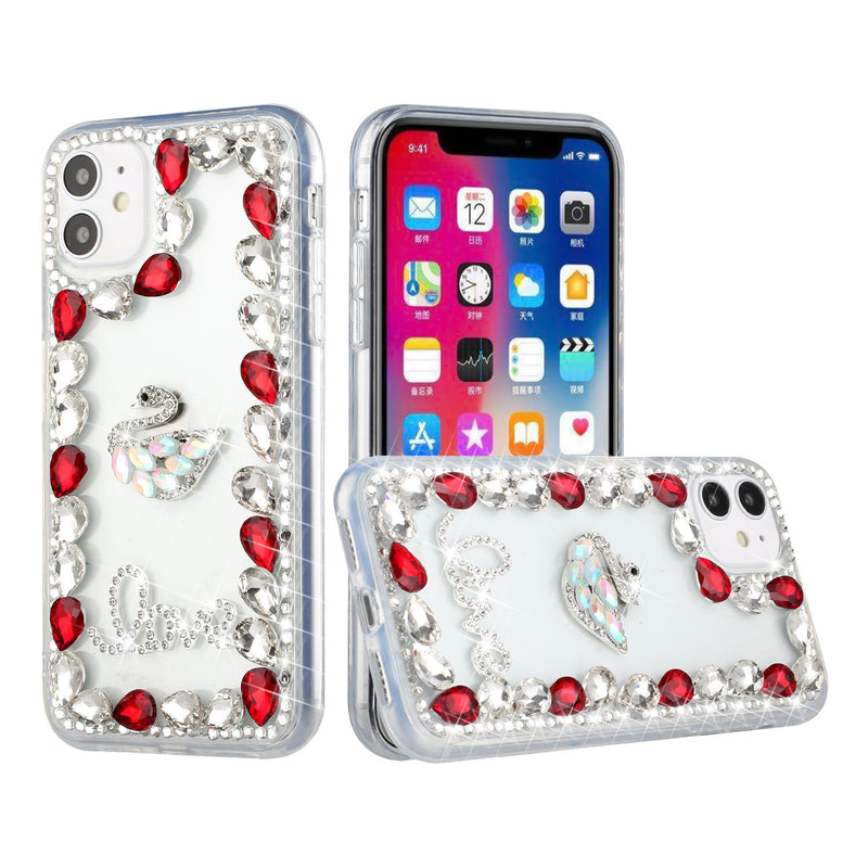 For iPhone 13 6.1 Full Diamond with Ornaments Hard TPU Case Cover - Red Love Bird