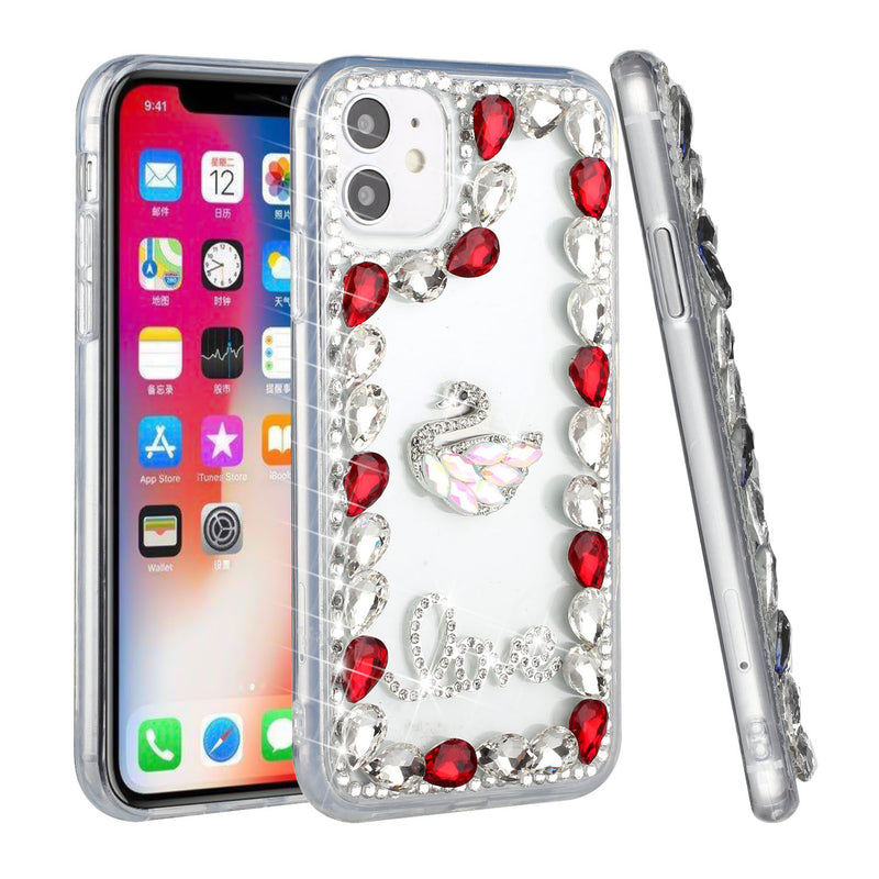 For iPhone 13 6.1 Full Diamond with Ornaments Hard TPU Case Cover - Red Love Bird