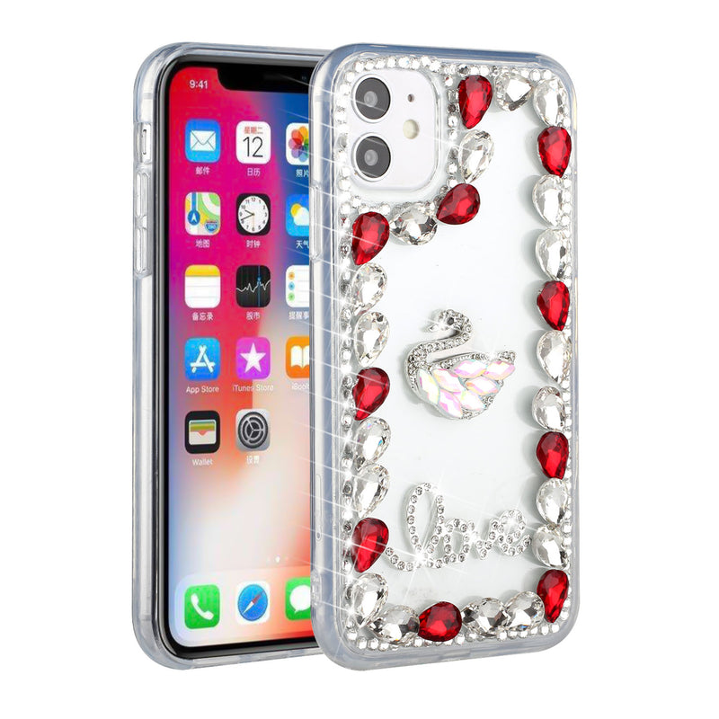 For iPhone 13 6.1 Full Diamond with Ornaments Hard TPU Case Cover - Red Love Bird