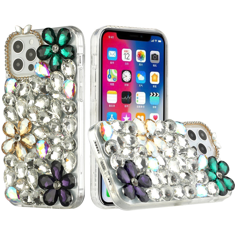 For iPhone 13 6.1 Full Diamond with Ornaments Hard TPU Case Cover - Dark Green/Gold/Dark Purple