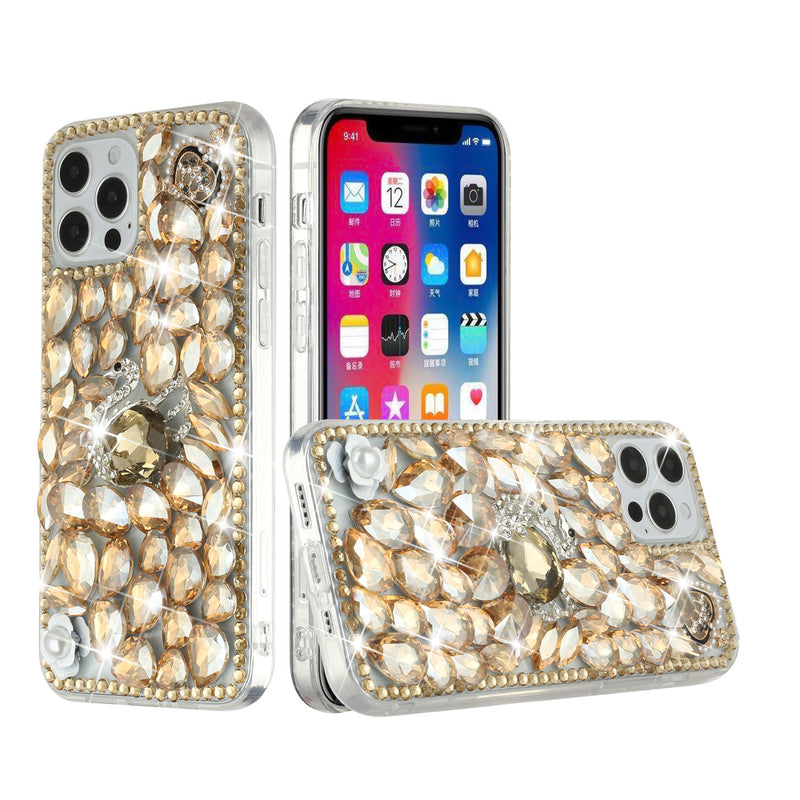 For iPhone 13 6.1 Full Diamond with Ornaments Hard TPU Case Cover - Gold Swan Crown Pearl