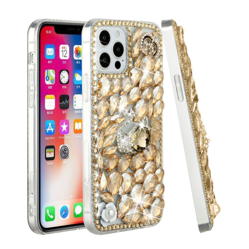 For iPhone 13 6.1 Full Diamond with Ornaments Hard TPU Case Cover - Gold Swan Crown Pearl