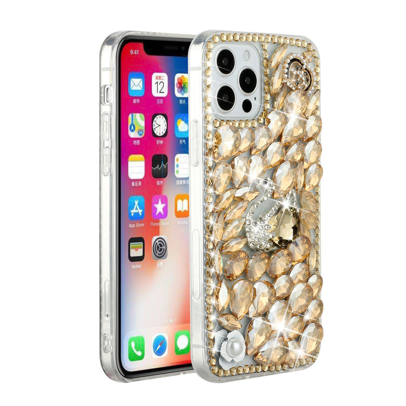 For iPhone 13 6.1 Full Diamond with Ornaments Hard TPU Case Cover - Gold Swan Crown Pearl