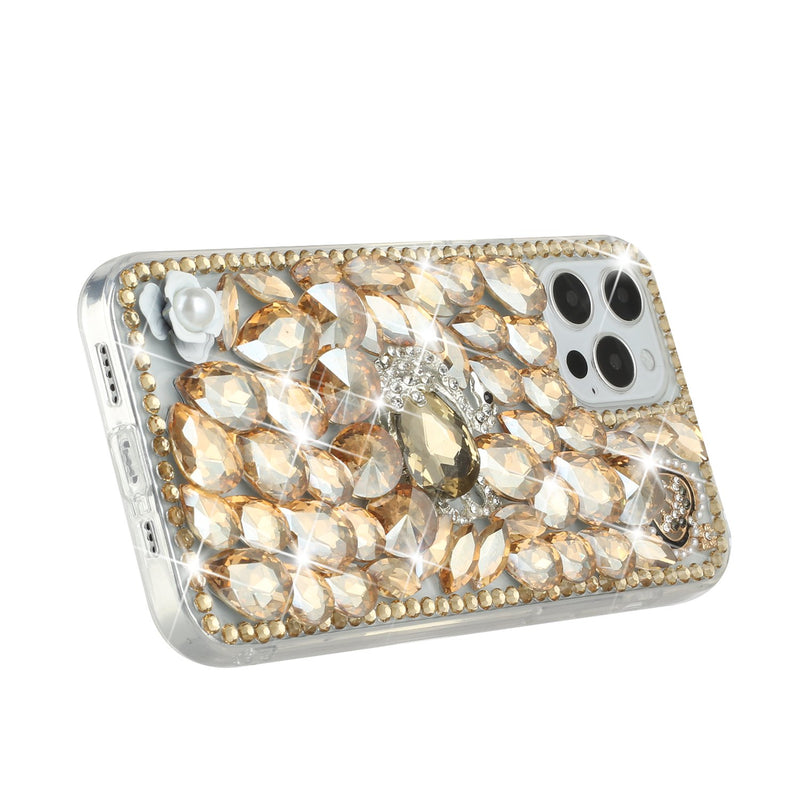 For iPhone 13 6.1 Full Diamond with Ornaments Hard TPU Case Cover - Gold Swan Crown Pearl