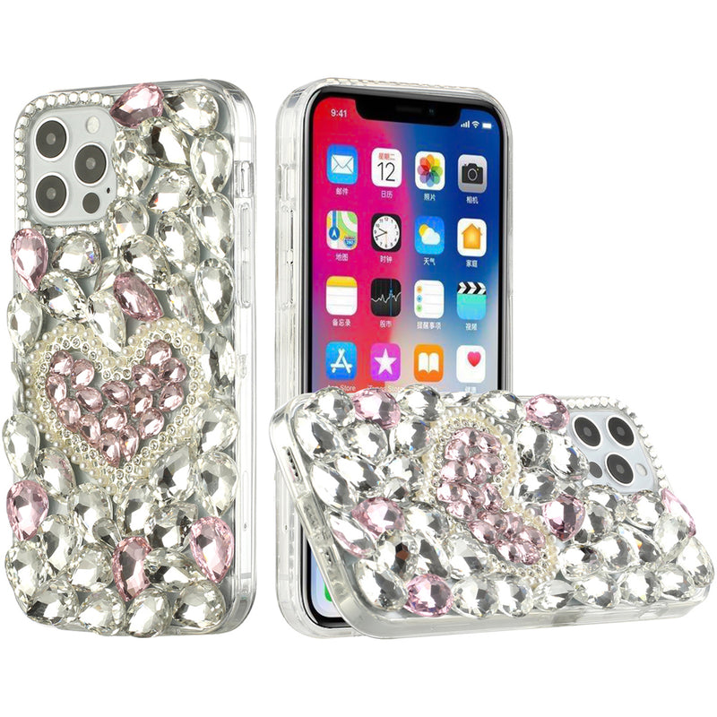 For iPhone 13 Pro Full Diamond with Ornaments Hard TPU Case Cover - Hearty Pink Pearl Heart