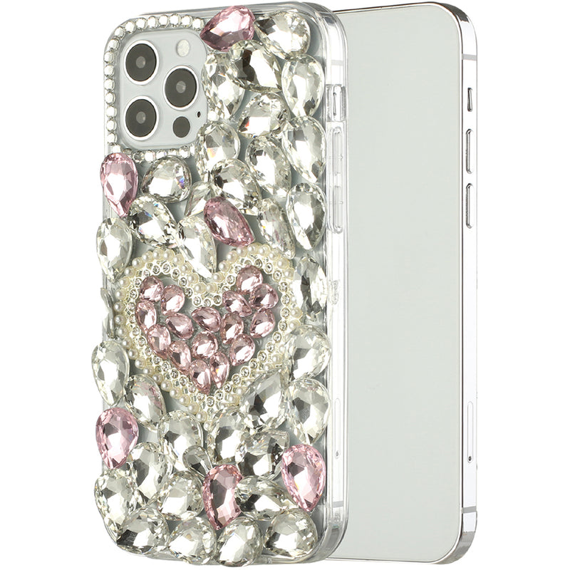 For iPhone 13 Pro Full Diamond with Ornaments Hard TPU Case Cover - Silver Swan Crown Pearl