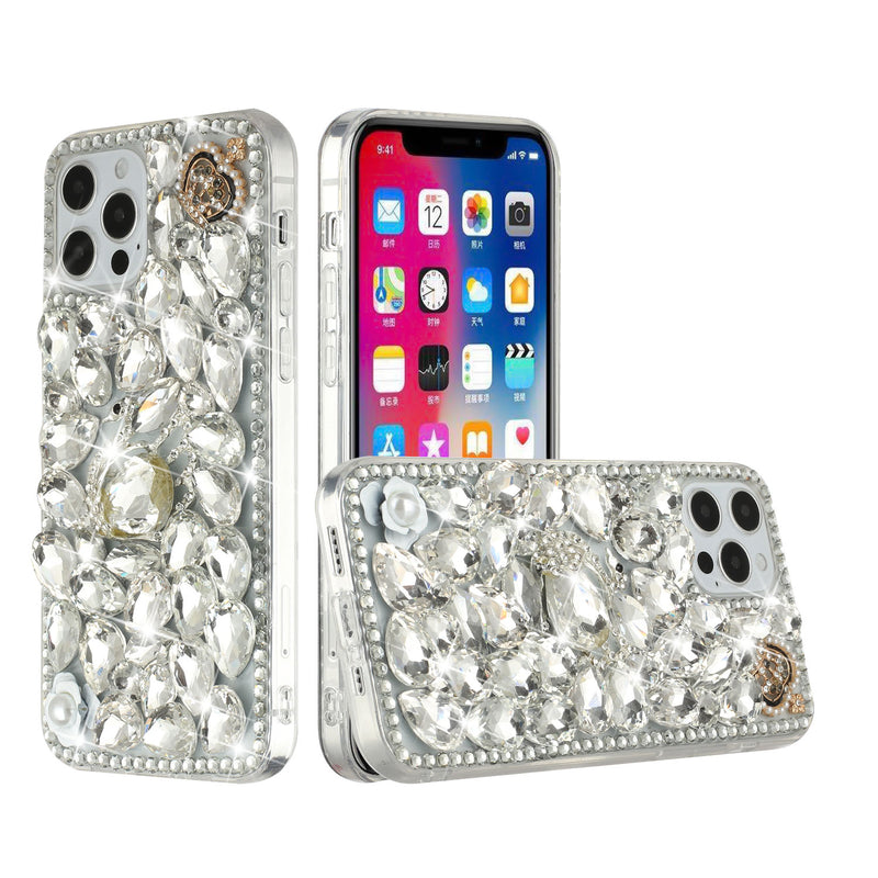 For iPhone 13 6.1 Full Diamond with Ornaments Hard TPU Case Cover - Silver Swan Crown Pearl