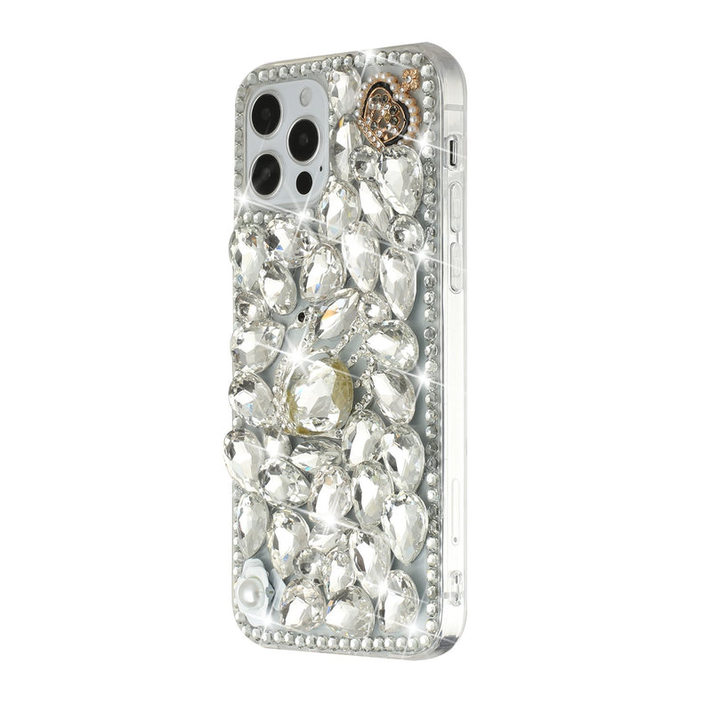 For iPhone 13 Pro Full Diamond with Ornaments Hard TPU Case Cover - Silver Swan Crown Pearl