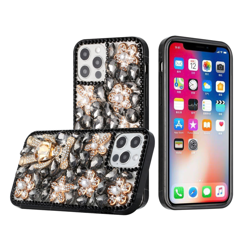 For iPhone 13 6.1 Full Diamond with Ornaments Case Cover - Black Panda Floral Panda Floral