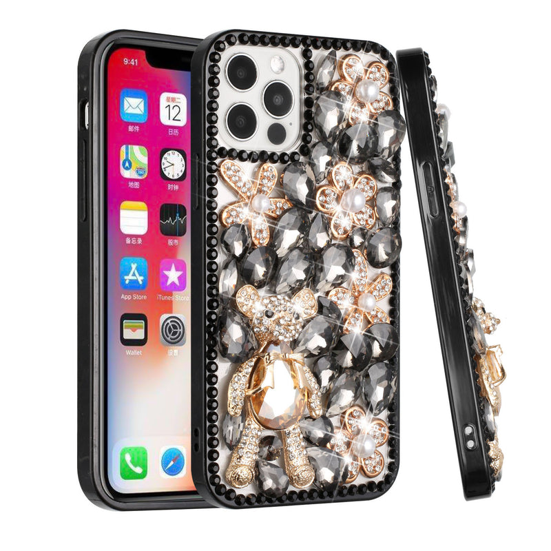 For iPhone 13 6.1 Full Diamond with Ornaments Case Cover - Black Panda Floral Panda Floral