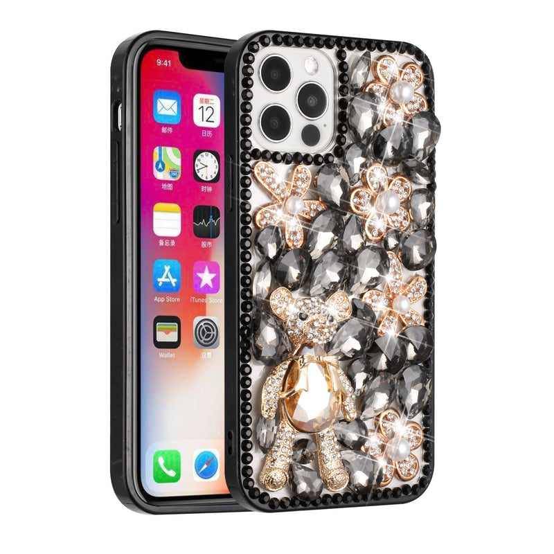 For iPhone 13 6.1 Full Diamond with Ornaments Case Cover - Black Panda Floral Panda Floral