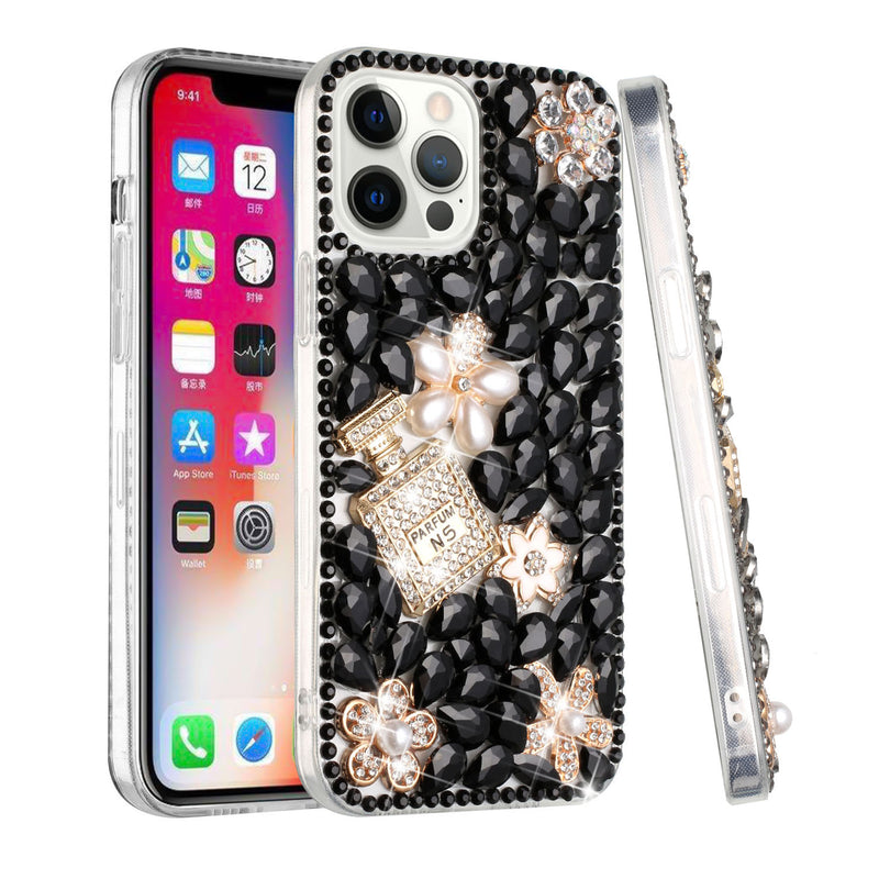 For iPhone 13 Pro Full Diamond with Ornaments Case Cover - Pearl Flowers with Perfume Black