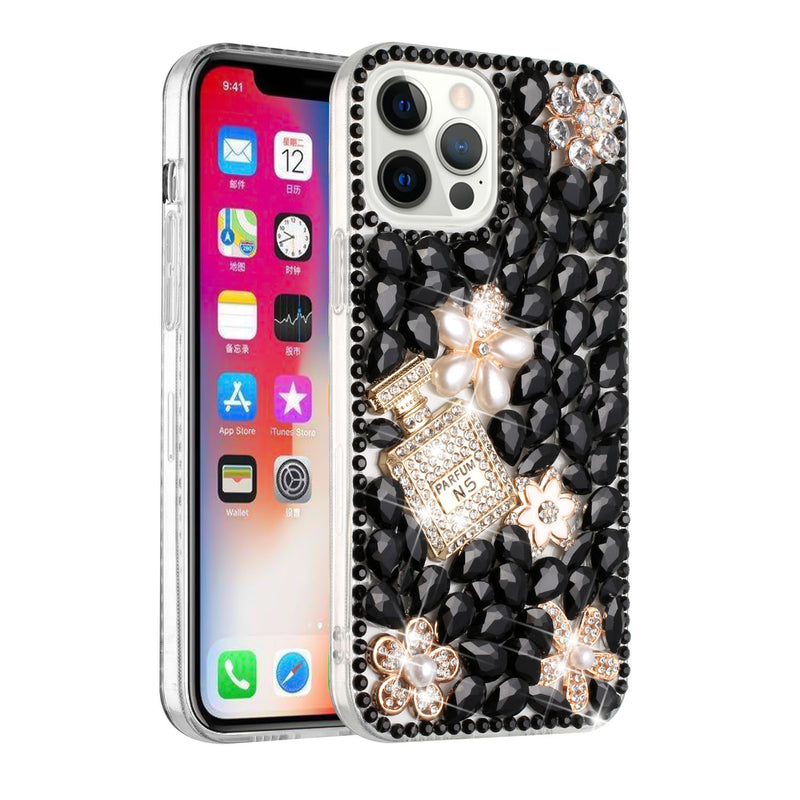 For iPhone 13 Pro Full Diamond with Ornaments Case Cover - Pearl Flowers with Perfume Black