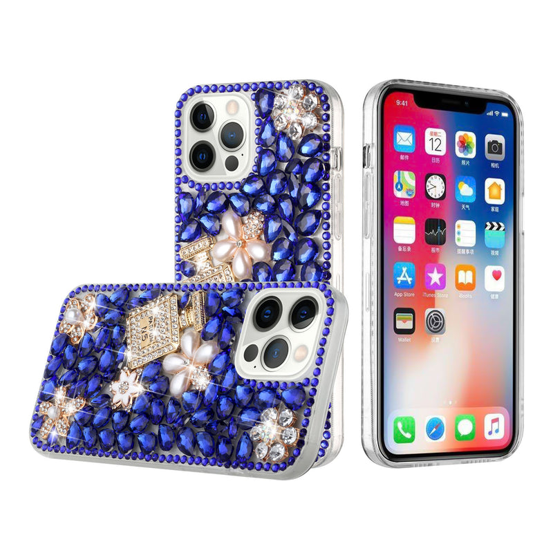 For iPhone 13 Pro Full Diamond with Ornaments Case Cover - Pearl Flowers with Perfume Dark Blue