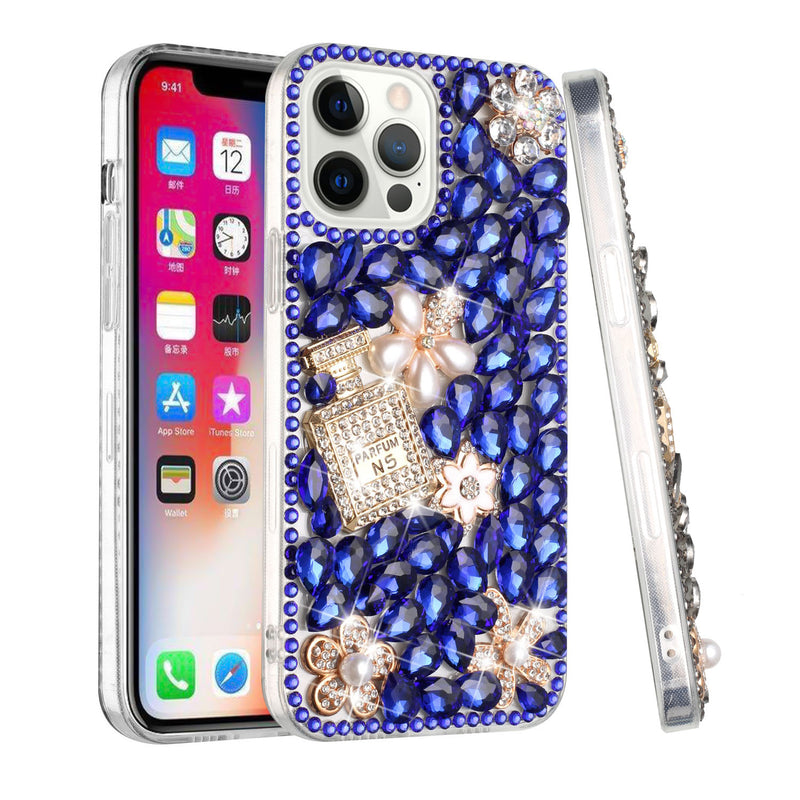 For Apple iPhone 14 PRO MAX 6.7" Full Diamond with Ornaments Case Cover - Pearl Flowers with Perfume Dark Blue