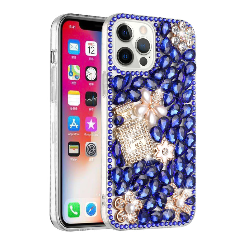 For iPhone 13 Pro Full Diamond with Ornaments Case Cover - Pearl Flowers with Perfume Dark Blue