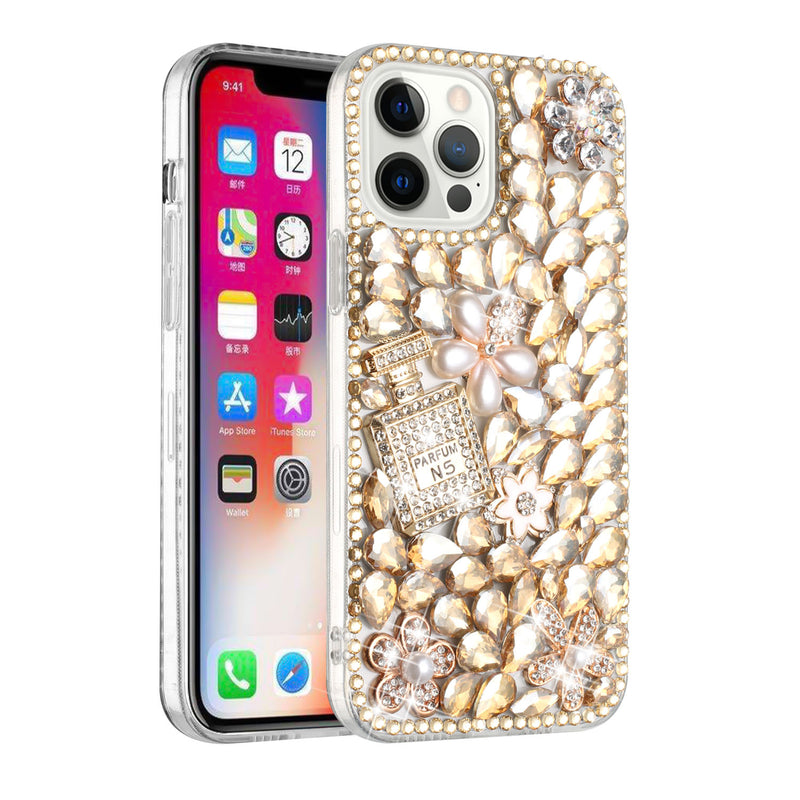 For iPhone 13 Pro Max Full Diamond with Ornaments Case Cover - Pearl Flowers with Perfume Gold