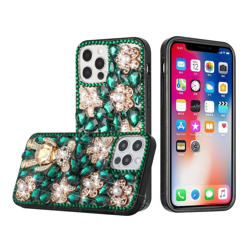 For iPhone 13 6.1 Full Diamond with Ornaments Case Cover - Green Panda Floral