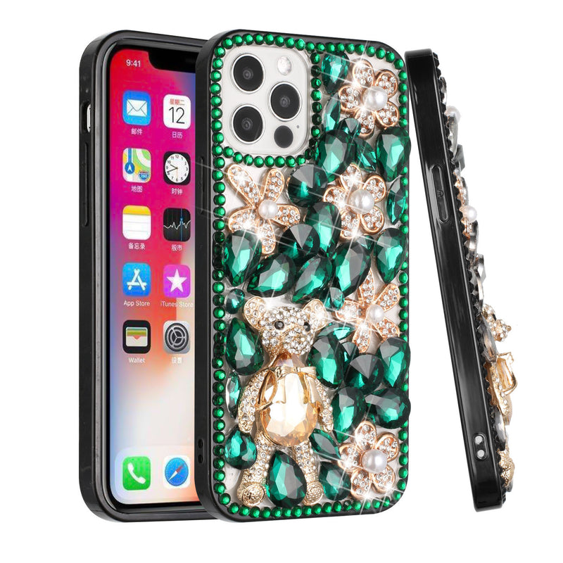 For iPhone 13 6.1 Full Diamond with Ornaments Case Cover - Green Panda Floral