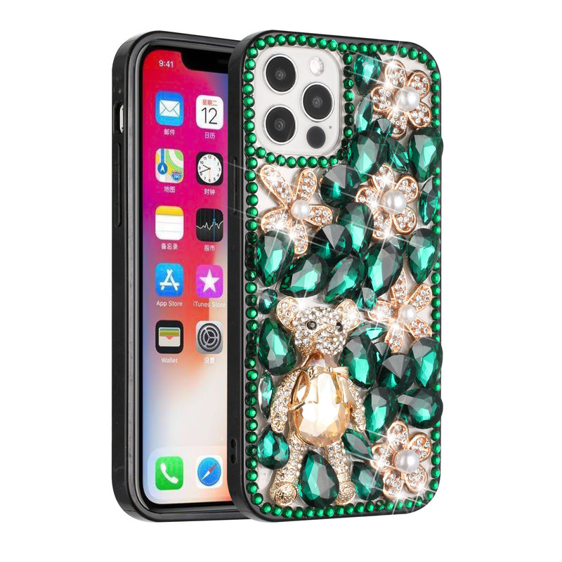 For iPhone 13 6.1 Full Diamond with Ornaments Case Cover - Green Panda Floral