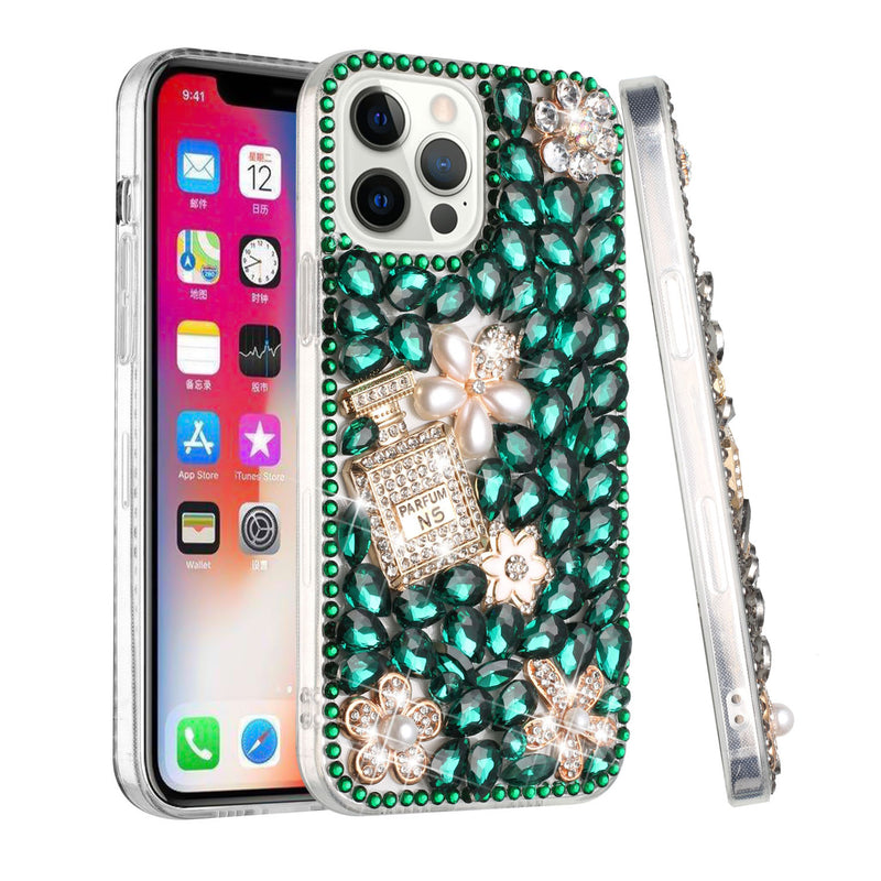 For iPhone 13 Pro Full Diamond with Ornaments Case Cover - Pearl Flowers with Perfume Green