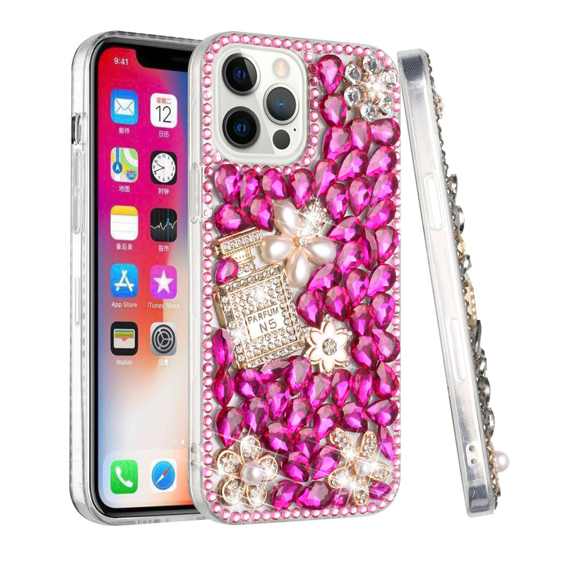 For iPhone 13 Pro Max Full Diamond with Ornaments Case Cover - Pearl Flowers with Perfume Hot Pink