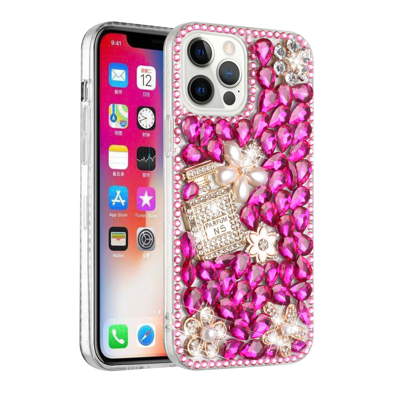 For iPhone 13 Pro Max Full Diamond with Ornaments Case Cover - Pearl Flowers with Perfume Hot Pink