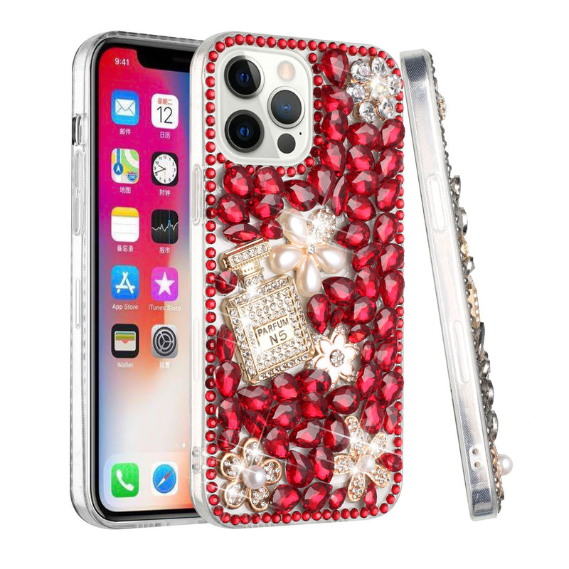 For iPhone 13 Pro Max Full Diamond with Ornaments Case Cover - Pearl Flowers with Perfume Red