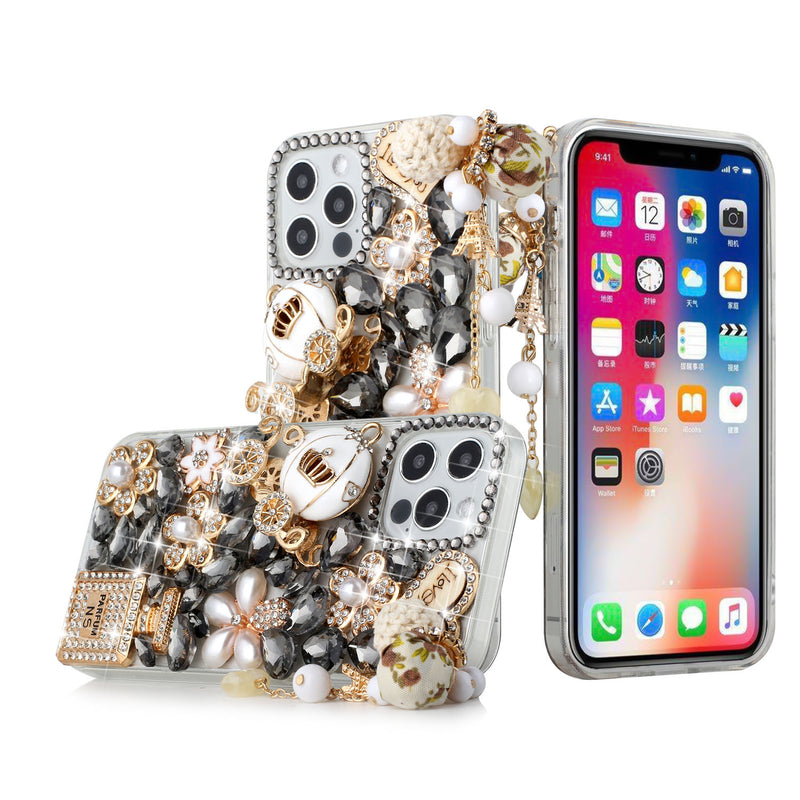 For iPhone 13 6.1 Full Diamond with Ornaments Case Cover - Ultimate Multi Ornament Black