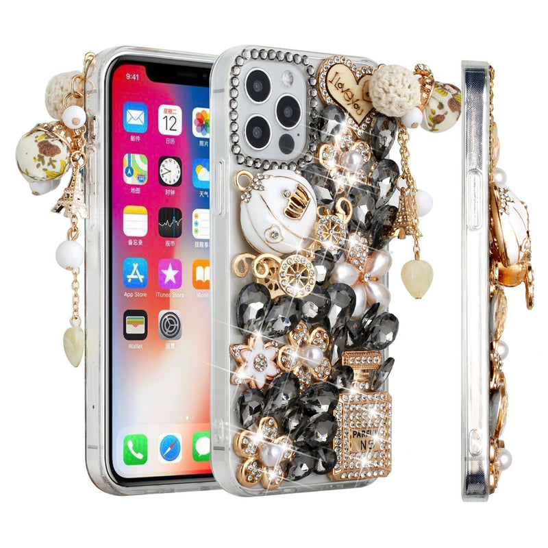 For iPhone 13 6.1 Full Diamond with Ornaments Case Cover - Ultimate Multi Ornament Black