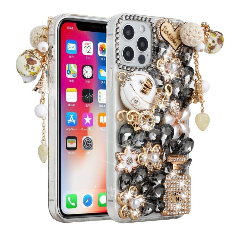 For iPhone 13 6.1 Full Diamond with Ornaments Case Cover - Ultimate Multi Ornament Black