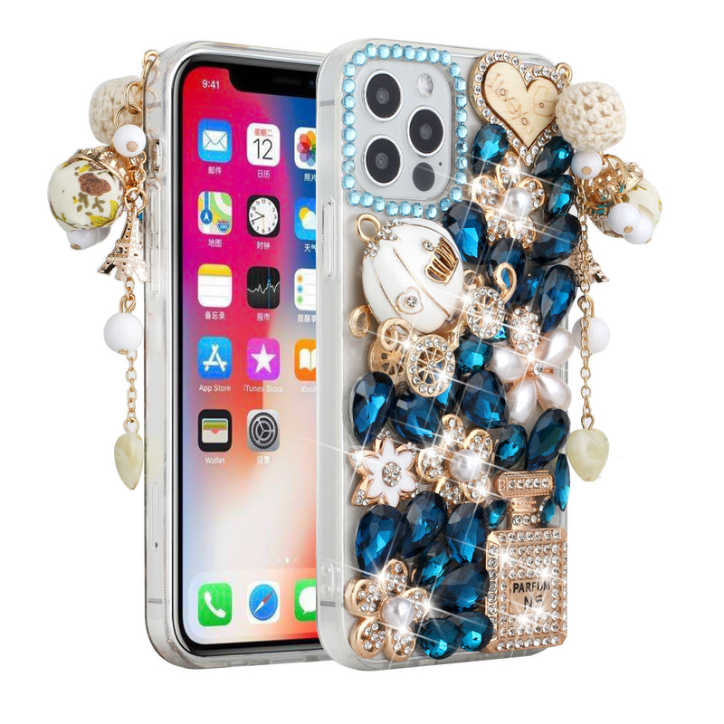 For iPhone 13 6.1 Full Diamond with Ornaments Case Cover - Ultimate Multi Ornament Blue