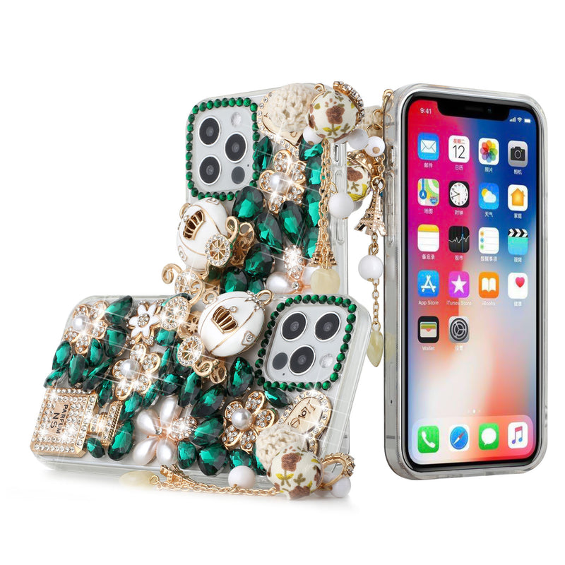 For iPhone 13 6.1 Full Diamond with Ornaments Case Cover - Ultimate Multi Ornament Green