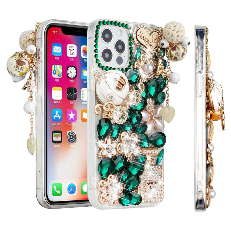 For iPhone 13 6.1 Full Diamond with Ornaments Case Cover - Ultimate Multi Ornament Green