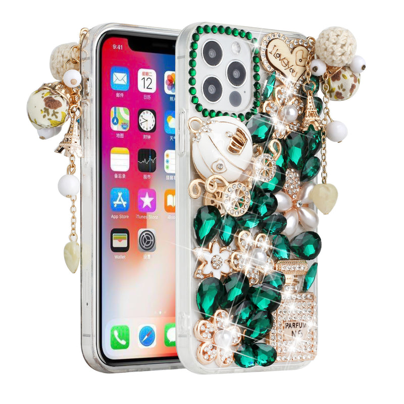 For iPhone 13 6.1 Full Diamond with Ornaments Case Cover - Ultimate Multi Ornament Green