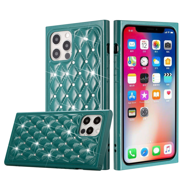 For iPhone 13 Pro GEM Diamonds Premium Sturdy Beautiful Hybrid Case Cover - Midnight Green