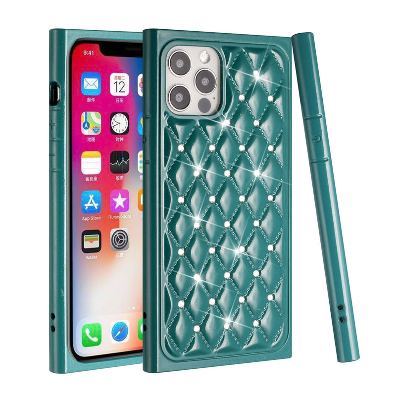 For iPhone 13 Pro GEM Diamonds Premium Sturdy Beautiful Hybrid Case Cover - Midnight Green