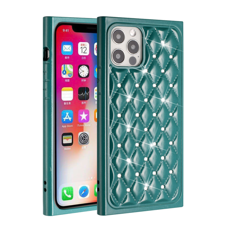 For iPhone 13 Pro GEM Diamonds Premium Sturdy Beautiful Hybrid Case Cover - Midnight Green