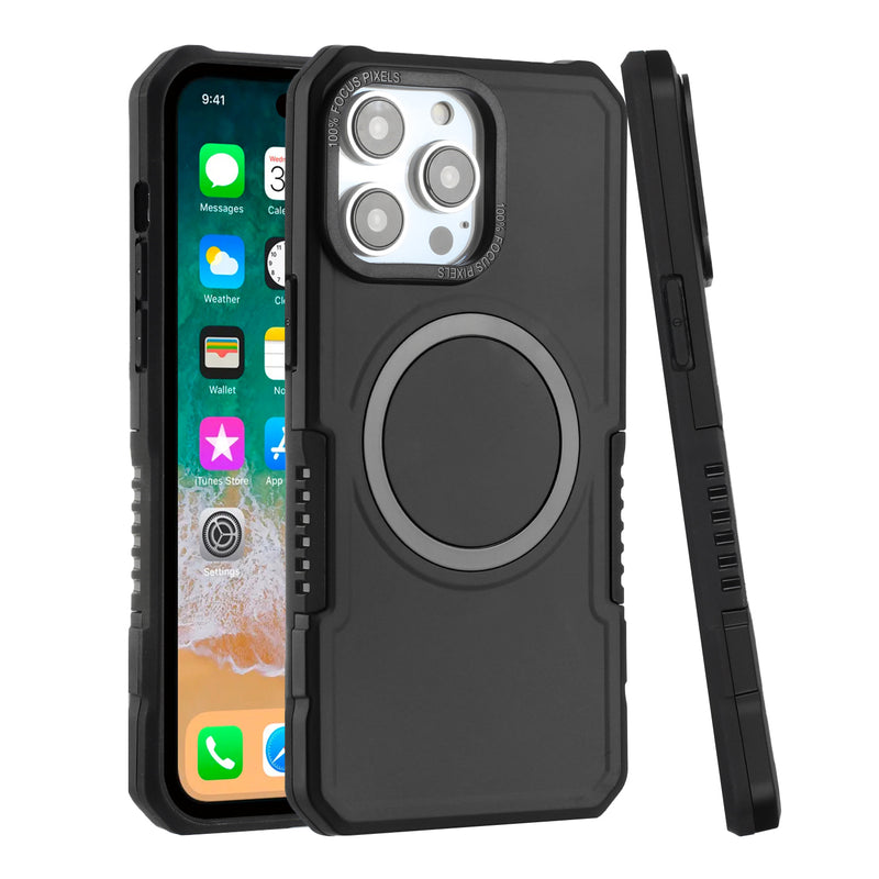For Apple iPhone 14 PRO MAX 6.7" Grip Case with Metal Ring For Wireless Charging Case Cover - Black